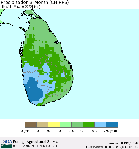 Sri Lanka Precipitation 3-Month (CHIRPS) Thematic Map For 2/11/2022 - 5/10/2022