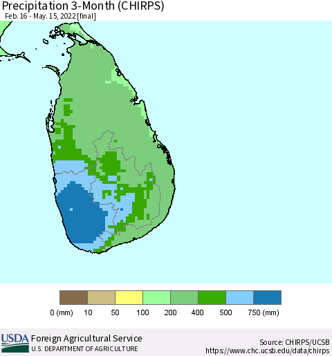 Sri Lanka Precipitation 3-Month (CHIRPS) Thematic Map For 2/16/2022 - 5/15/2022