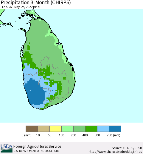 Sri Lanka Precipitation 3-Month (CHIRPS) Thematic Map For 2/26/2022 - 5/25/2022