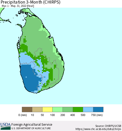 Sri Lanka Precipitation 3-Month (CHIRPS) Thematic Map For 3/1/2022 - 5/31/2022
