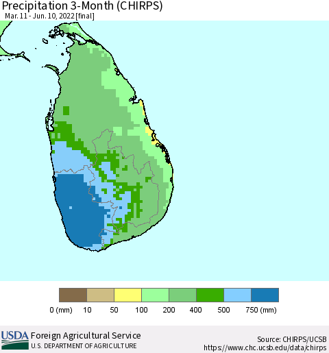 Sri Lanka Precipitation 3-Month (CHIRPS) Thematic Map For 3/11/2022 - 6/10/2022