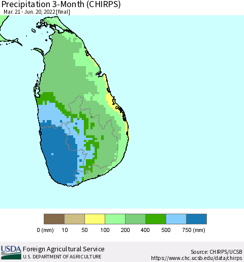Sri Lanka Precipitation 3-Month (CHIRPS) Thematic Map For 3/21/2022 - 6/20/2022
