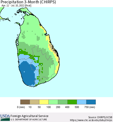 Sri Lanka Precipitation 3-Month (CHIRPS) Thematic Map For 4/11/2022 - 7/10/2022