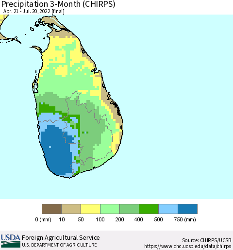 Sri Lanka Precipitation 3-Month (CHIRPS) Thematic Map For 4/21/2022 - 7/20/2022