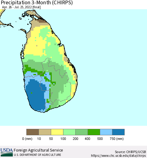 Sri Lanka Precipitation 3-Month (CHIRPS) Thematic Map For 4/26/2022 - 7/25/2022