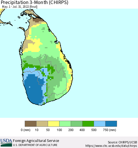 Sri Lanka Precipitation 3-Month (CHIRPS) Thematic Map For 5/1/2022 - 7/31/2022