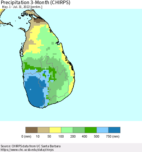 Sri Lanka Precipitation 3-Month (CHIRPS) Thematic Map For 5/1/2022 - 7/31/2022