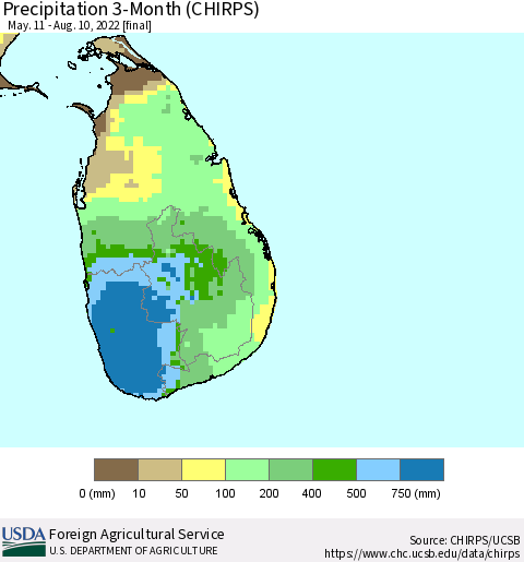 Sri Lanka Precipitation 3-Month (CHIRPS) Thematic Map For 5/11/2022 - 8/10/2022