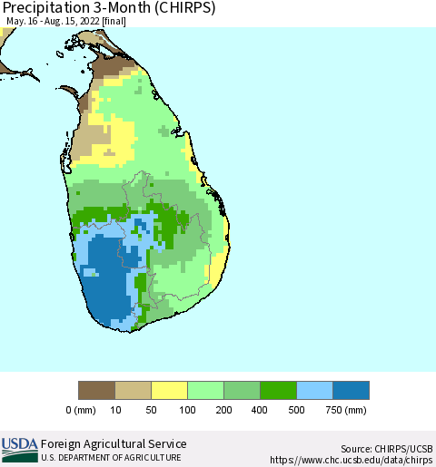 Sri Lanka Precipitation 3-Month (CHIRPS) Thematic Map For 5/16/2022 - 8/15/2022