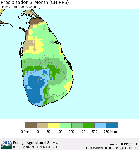 Sri Lanka Precipitation 3-Month (CHIRPS) Thematic Map For 5/21/2022 - 8/20/2022