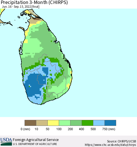 Sri Lanka Precipitation 3-Month (CHIRPS) Thematic Map For 6/16/2022 - 9/15/2022