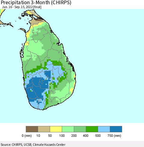 Sri Lanka Precipitation 3-Month (CHIRPS) Thematic Map For 6/16/2022 - 9/15/2022