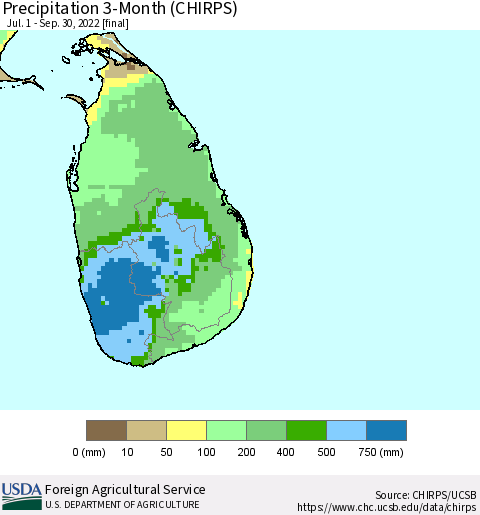 Sri Lanka Precipitation 3-Month (CHIRPS) Thematic Map For 7/1/2022 - 9/30/2022