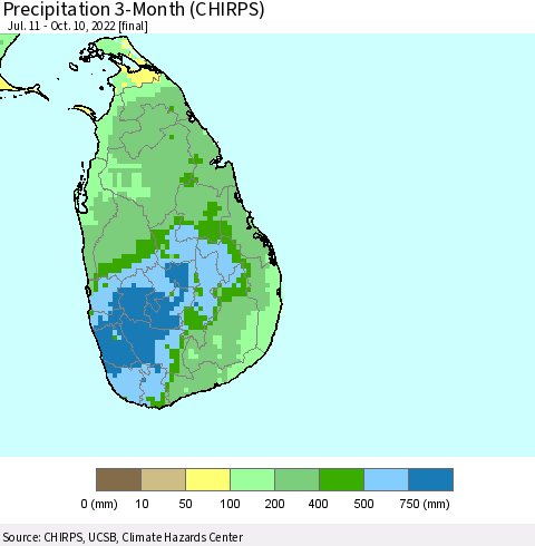 Sri Lanka Precipitation 3-Month (CHIRPS) Thematic Map For 7/11/2022 - 10/10/2022