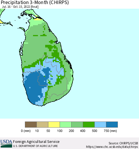 Sri Lanka Precipitation 3-Month (CHIRPS) Thematic Map For 7/16/2022 - 10/15/2022