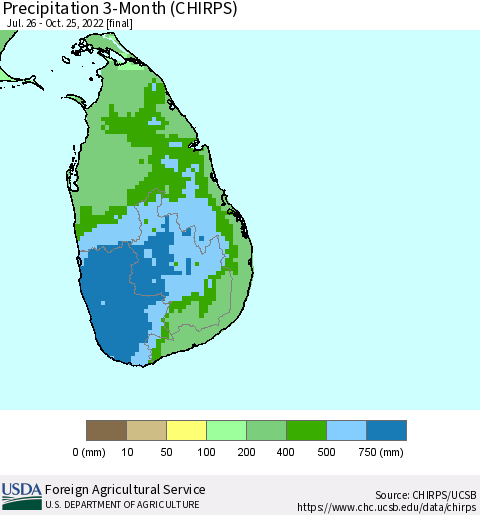 Sri Lanka Precipitation 3-Month (CHIRPS) Thematic Map For 7/26/2022 - 10/25/2022