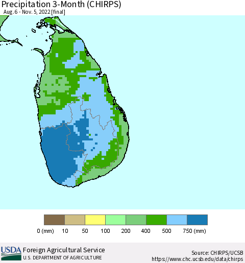 Sri Lanka Precipitation 3-Month (CHIRPS) Thematic Map For 8/6/2022 - 11/5/2022