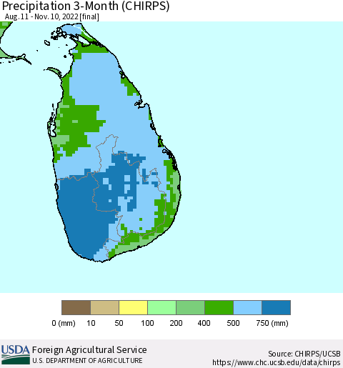 Sri Lanka Precipitation 3-Month (CHIRPS) Thematic Map For 8/11/2022 - 11/10/2022