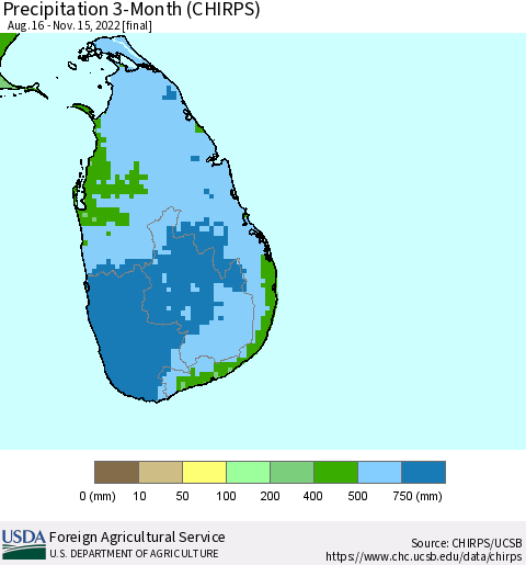 Sri Lanka Precipitation 3-Month (CHIRPS) Thematic Map For 8/16/2022 - 11/15/2022