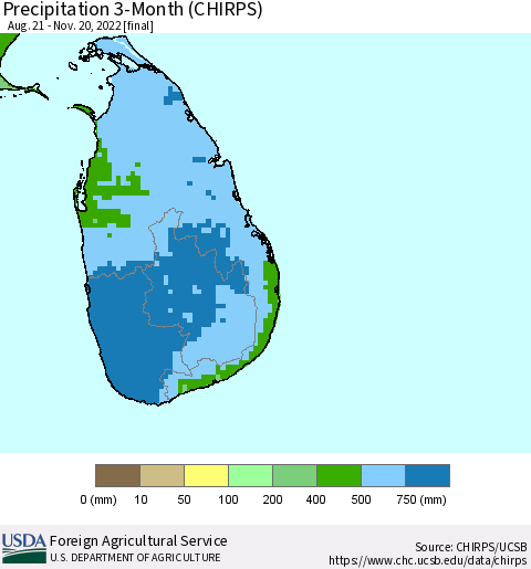 Sri Lanka Precipitation 3-Month (CHIRPS) Thematic Map For 8/21/2022 - 11/20/2022