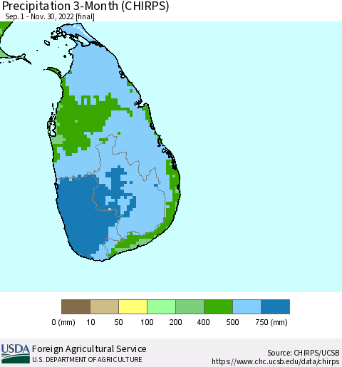 Sri Lanka Precipitation 3-Month (CHIRPS) Thematic Map For 9/1/2022 - 11/30/2022