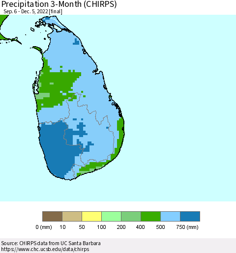 Sri Lanka Precipitation 3-Month (CHIRPS) Thematic Map For 9/6/2022 - 12/5/2022
