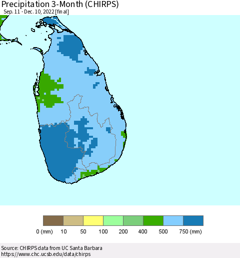 Sri Lanka Precipitation 3-Month (CHIRPS) Thematic Map For 9/11/2022 - 12/10/2022