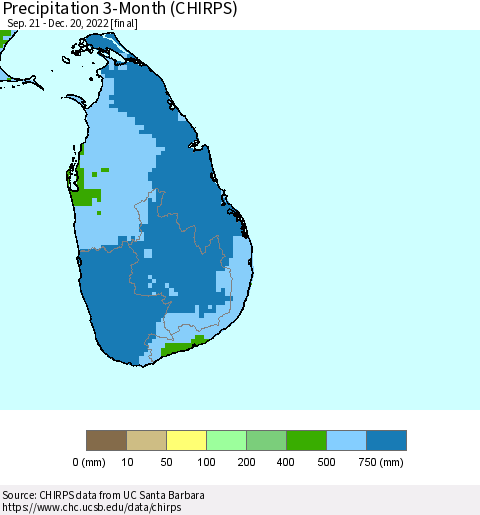 Sri Lanka Precipitation 3-Month (CHIRPS) Thematic Map For 9/21/2022 - 12/20/2022