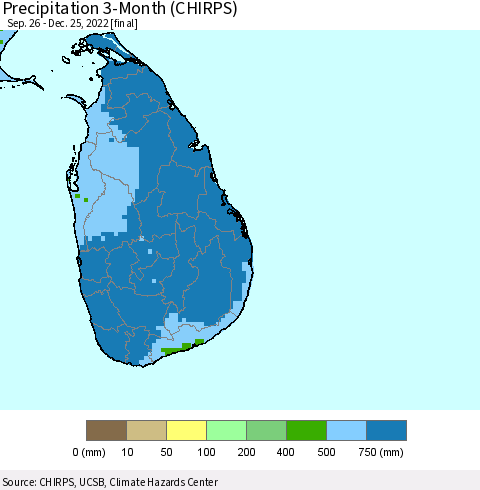 Sri Lanka Precipitation 3-Month (CHIRPS) Thematic Map For 9/26/2022 - 12/25/2022