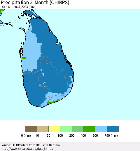 Sri Lanka Precipitation 3-Month (CHIRPS) Thematic Map For 10/6/2022 - 1/5/2023