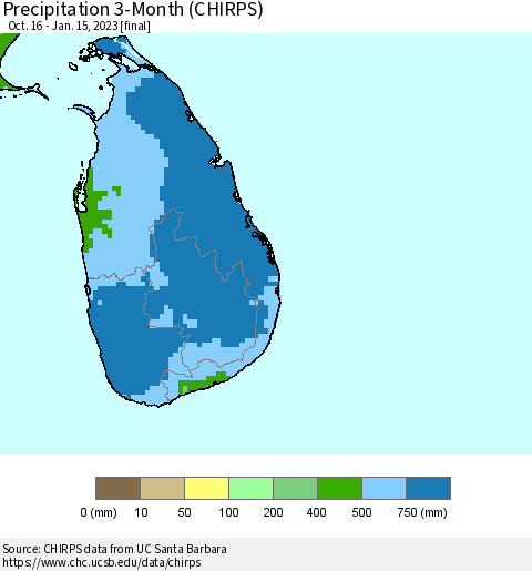 Sri Lanka Precipitation 3-Month (CHIRPS) Thematic Map For 10/16/2022 - 1/15/2023