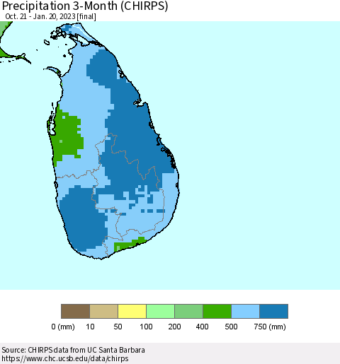 Sri Lanka Precipitation 3-Month (CHIRPS) Thematic Map For 10/21/2022 - 1/20/2023