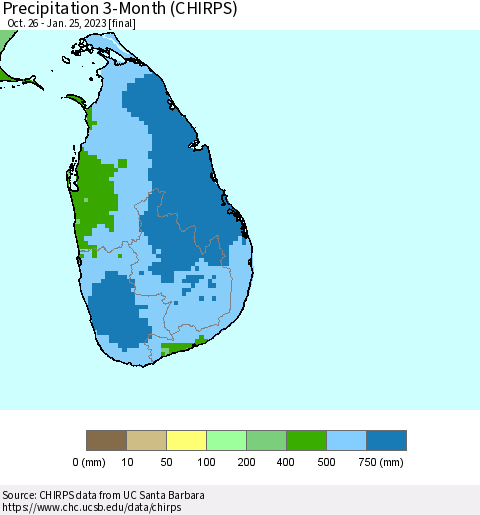 Sri Lanka Precipitation 3-Month (CHIRPS) Thematic Map For 10/26/2022 - 1/25/2023