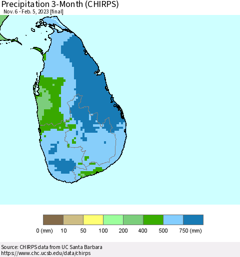 Sri Lanka Precipitation 3-Month (CHIRPS) Thematic Map For 11/6/2022 - 2/5/2023