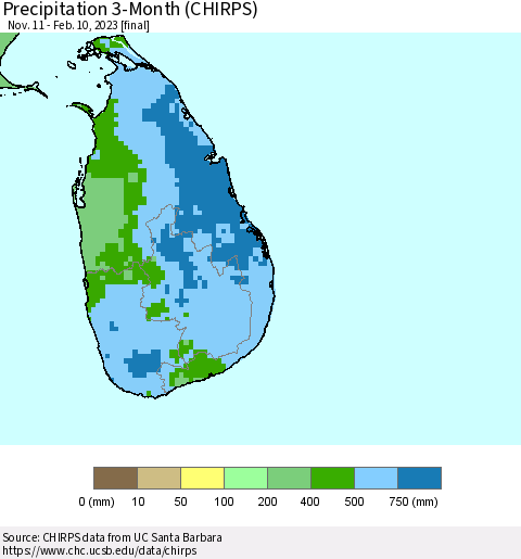 Sri Lanka Precipitation 3-Month (CHIRPS) Thematic Map For 11/11/2022 - 2/10/2023