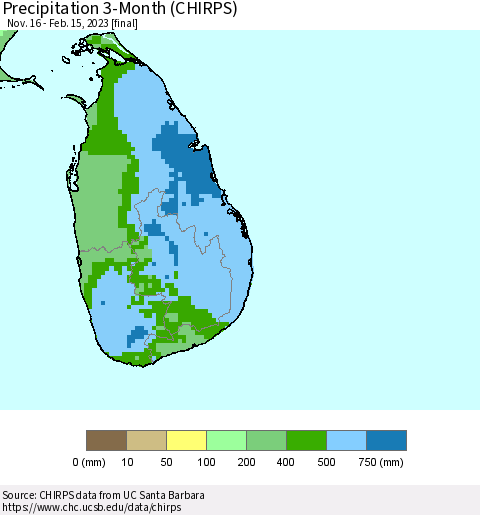 Sri Lanka Precipitation 3-Month (CHIRPS) Thematic Map For 11/16/2022 - 2/15/2023