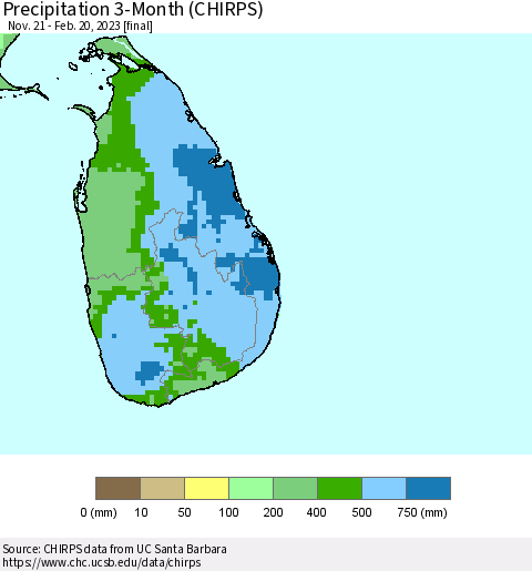 Sri Lanka Precipitation 3-Month (CHIRPS) Thematic Map For 11/21/2022 - 2/20/2023