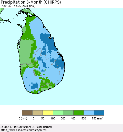 Sri Lanka Precipitation 3-Month (CHIRPS) Thematic Map For 11/26/2022 - 2/25/2023