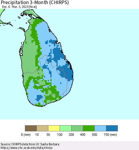 Sri Lanka Precipitation 3-Month (CHIRPS) Thematic Map For 12/6/2022 - 3/5/2023
