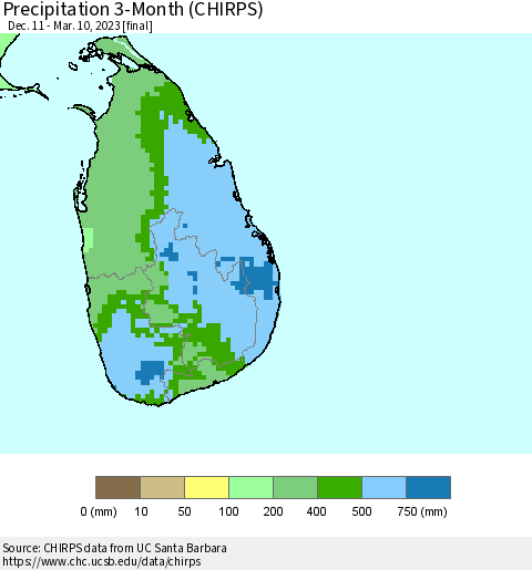 Sri Lanka Precipitation 3-Month (CHIRPS) Thematic Map For 12/11/2022 - 3/10/2023
