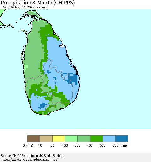 Sri Lanka Precipitation 3-Month (CHIRPS) Thematic Map For 12/16/2022 - 3/15/2023