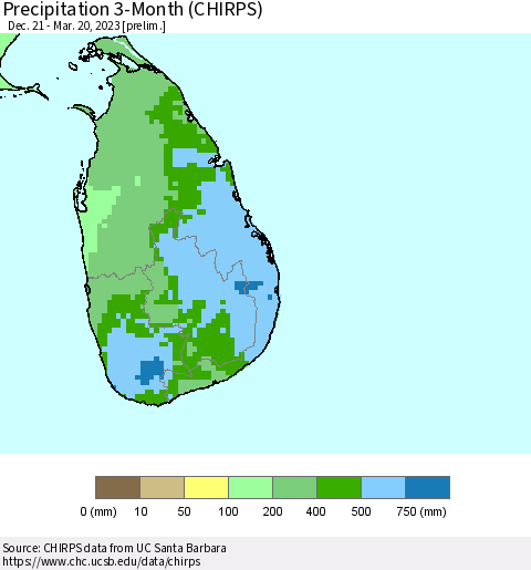 Sri Lanka Precipitation 3-Month (CHIRPS) Thematic Map For 12/21/2022 - 3/20/2023