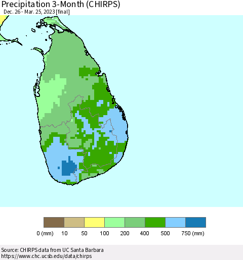 Sri Lanka Precipitation 3-Month (CHIRPS) Thematic Map For 12/26/2022 - 3/25/2023