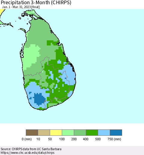 Sri Lanka Precipitation 3-Month (CHIRPS) Thematic Map For 1/1/2023 - 3/31/2023