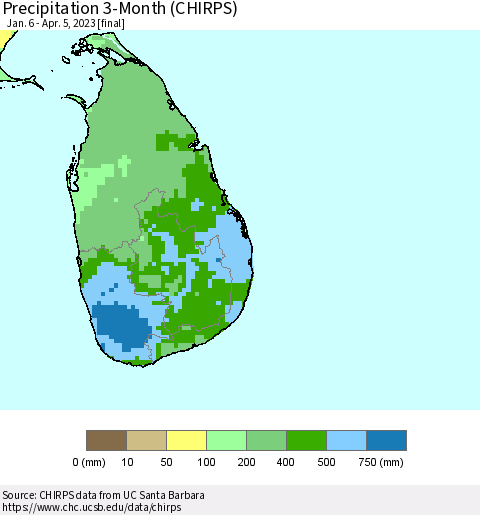 Sri Lanka Precipitation 3-Month (CHIRPS) Thematic Map For 1/6/2023 - 4/5/2023