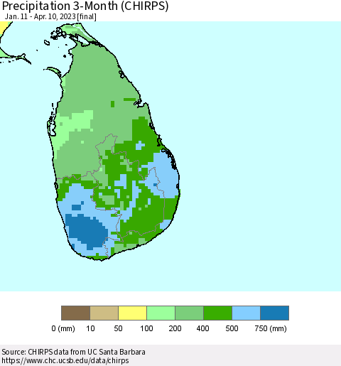 Sri Lanka Precipitation 3-Month (CHIRPS) Thematic Map For 1/11/2023 - 4/10/2023