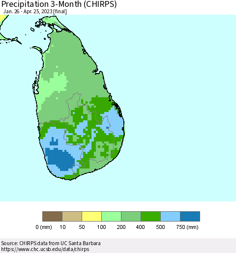 Sri Lanka Precipitation 3-Month (CHIRPS) Thematic Map For 1/26/2023 - 4/25/2023