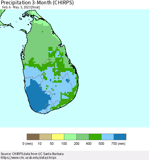 Sri Lanka Precipitation 3-Month (CHIRPS) Thematic Map For 2/6/2023 - 5/5/2023