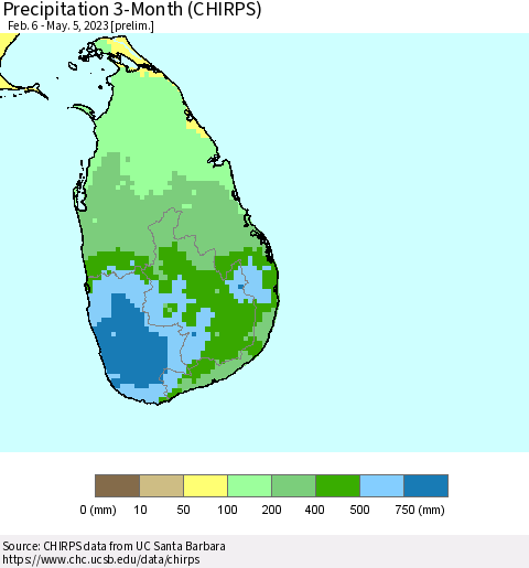 Sri Lanka Precipitation 3-Month (CHIRPS) Thematic Map For 2/6/2023 - 5/5/2023
