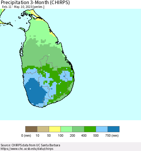 Sri Lanka Precipitation 3-Month (CHIRPS) Thematic Map For 2/11/2023 - 5/10/2023